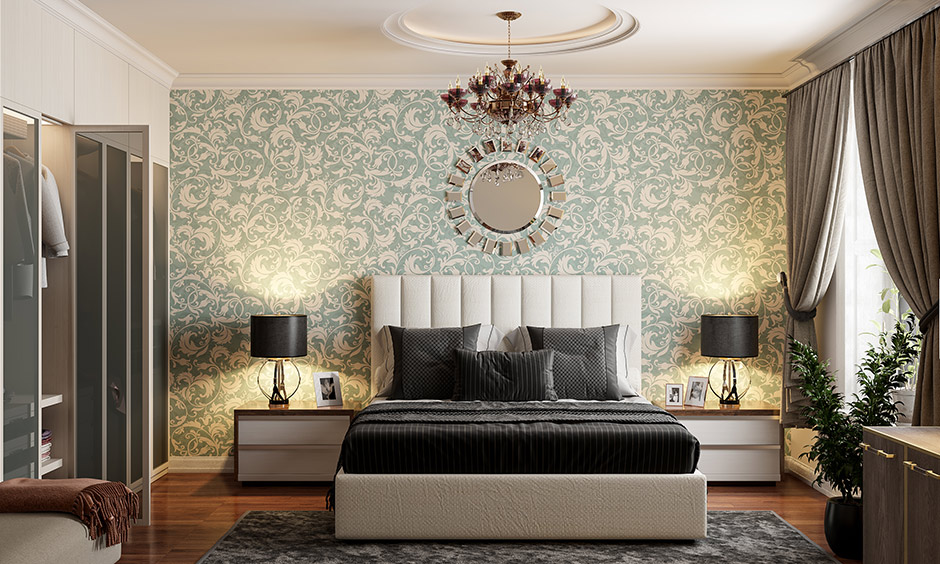 Tropical green bedroom wallpaper is an easy and affordable solution to include green in your bedroom.