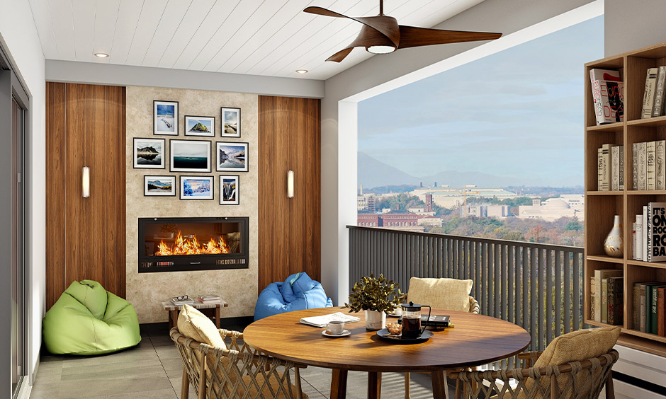 Balcony with an electric fireplace which is safe and easy to maintain