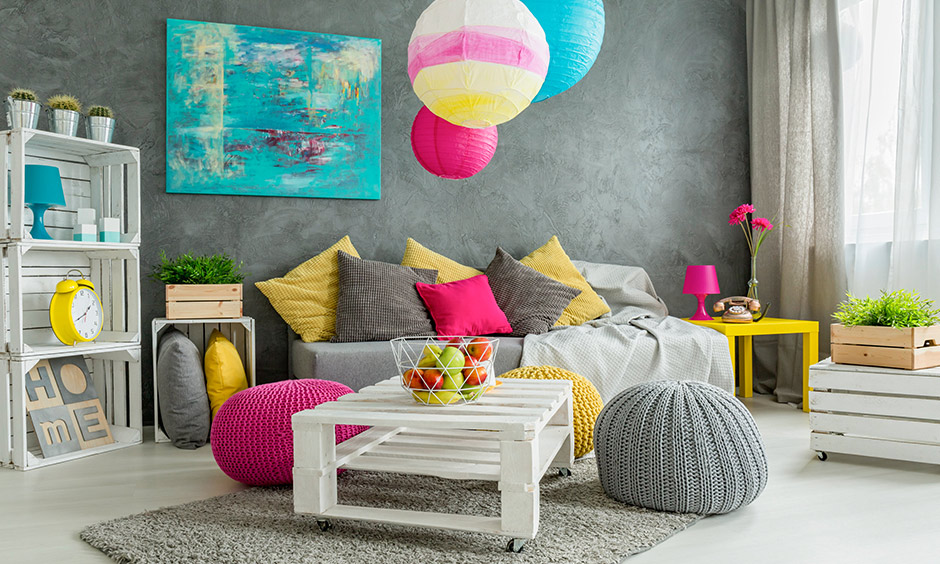 Peppy decorative accessories for living room like colorful balloon lamps, table accessories, and pillows bring happiness