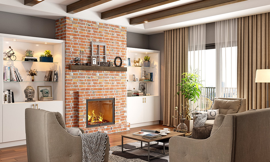 A brick fireplace in modern living room