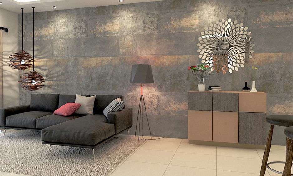 Brown and grey accent wall for a rustic look in grey living room