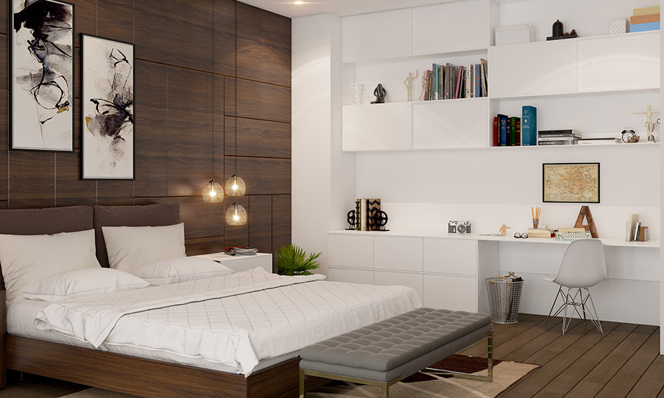 Brown Vastu colors for master bedroom instead of going for wall paint, installing plywood on the wall trendier choice.