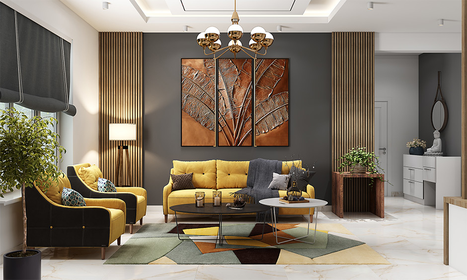 contemporary style living room with wooden panelling and paintings