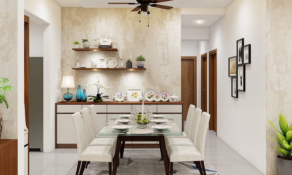 Interior design company in Bangalore dining room designed with earthy and neutral colours like brown and whites