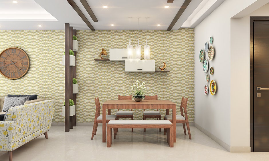 Dining room wall decor ideas with a wooden partition separate the space into two different zones