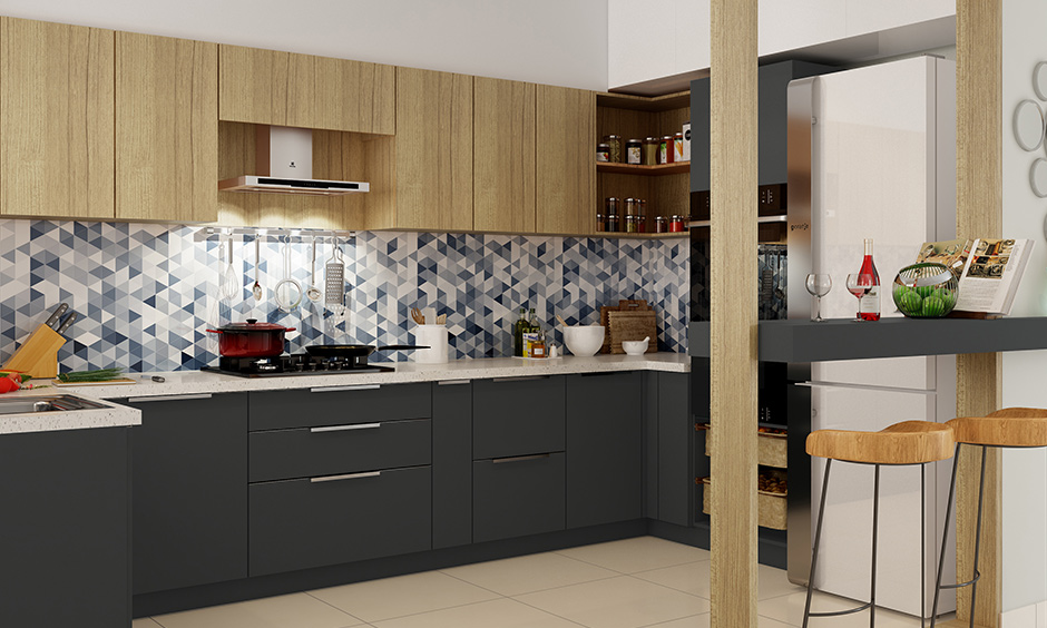 Tiles with a geometric pattern are a great choice when you're looking for blue kitchen wall decor.