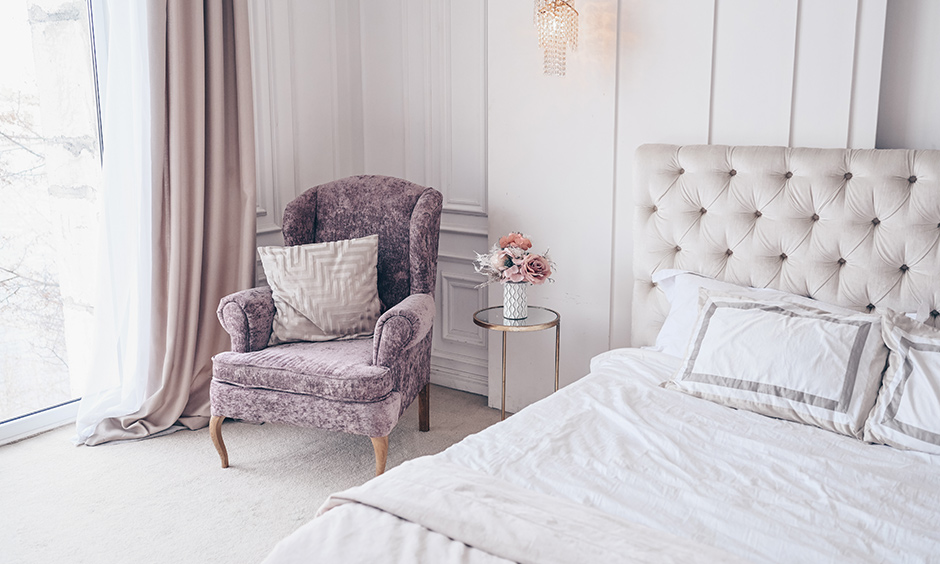 Lavender bedroom furniture with neutral hues break the neutrality