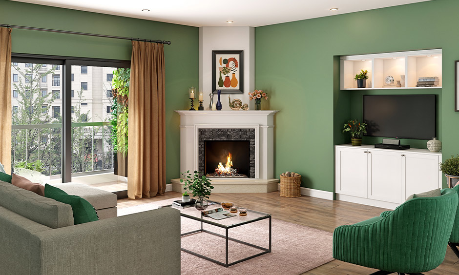 Green coloured living room with a corner fireplace design