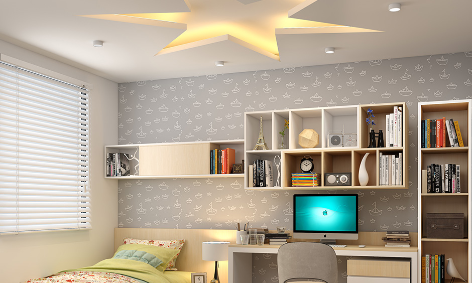 Star-shape modern bedroom ceiling pop design paired with subtle mood lighting and makes it soothing decor highlight