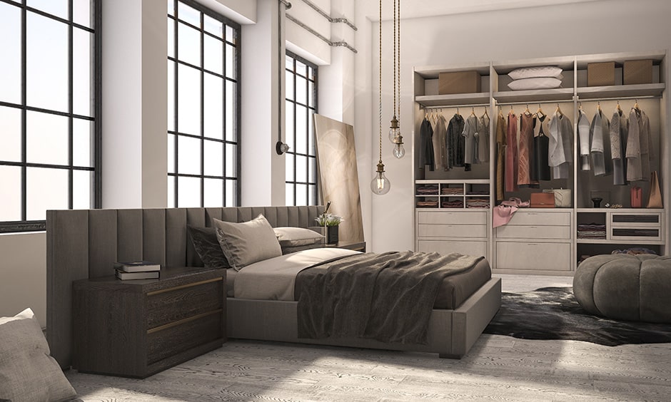 Modern closet design with a mix of open spaces, drawers and separators