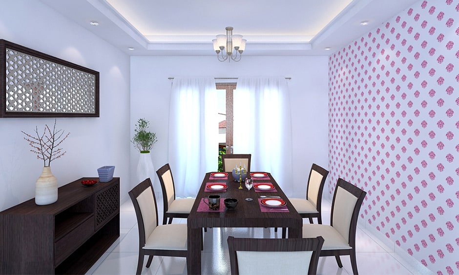 Modern dining room decor with patterned wallpaper