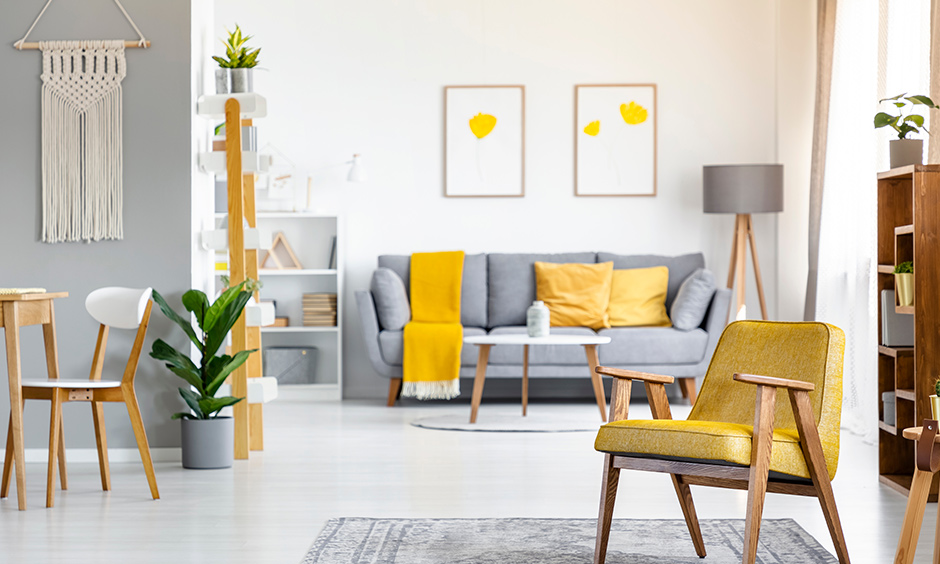 Incorporate throws, cushions, pieces of furniture, to bring in the soothing colour of mustard yellow living room