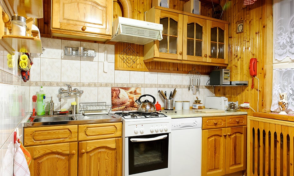 Old style kitchen interior design with a rustic woody kitchen