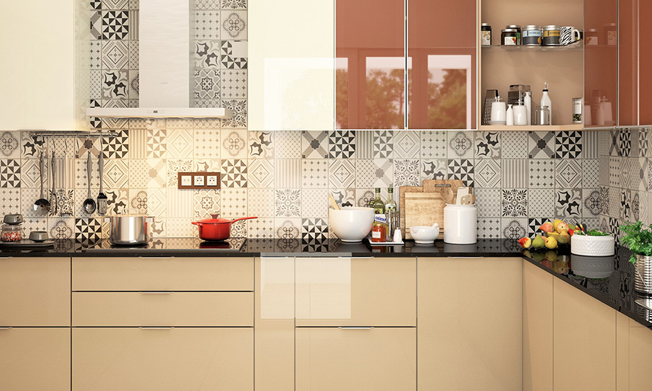 Open corner kitchen cabinet with L-shaped wall-mounted corner shelves fitted between the existing cabinets looks stylish.