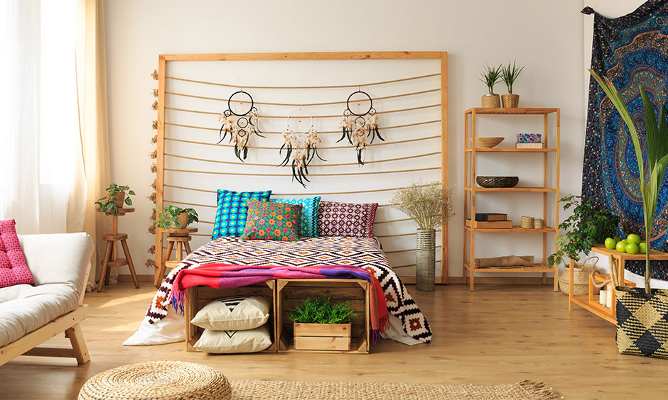 Patterns bohemian design with colourful prints, accessorise with dream-catchers and fairy lights