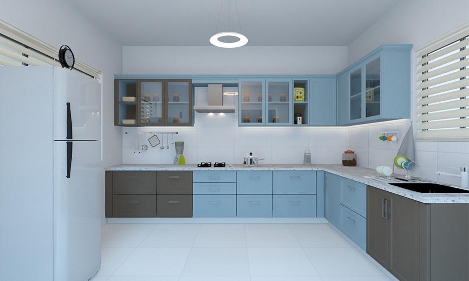 Blue and brown kitchen ideas with white wall, A powder blue kitchen will promote feelings of healing and understanding.