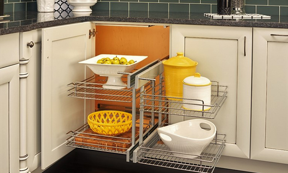 Pull-out blind kitchen corner cabinet solutions are to optimize the storage & easy access to hidden items.