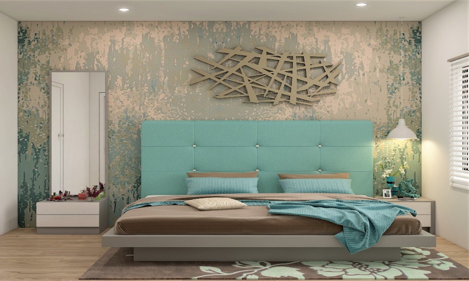 Light wooden low floor king-size bed with sea-green tufted headboard and brown mattress remind calm and warm.