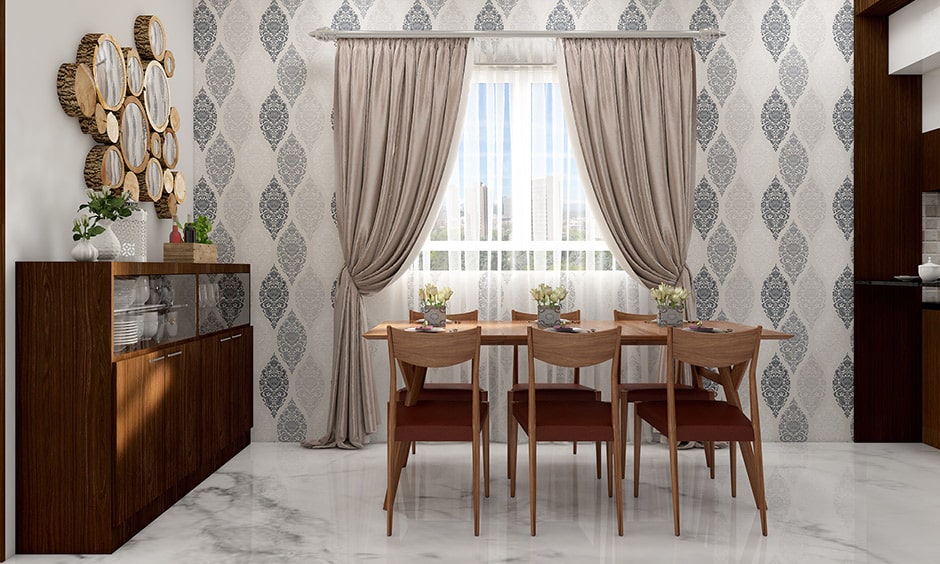 Simple dining room wall decor idea with curtains