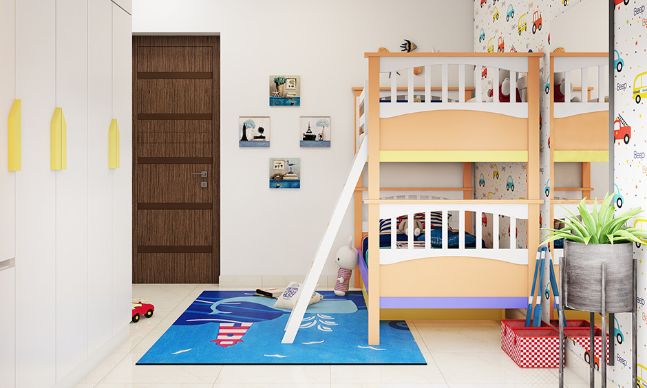 Colourful kid bunk beds with vertical slat headboard placed neatly in this white bedroom.