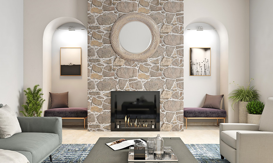 Cozy stone fireplace in a classic living room setting