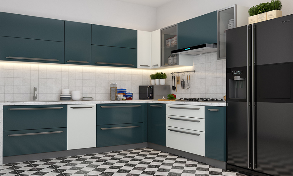 Blue modular kitchen units in teal the classic blue and white colour scheme is an all-time favourite.