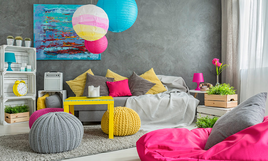 Vibrant bohemian interior design where that pops in pink, yellow and blue