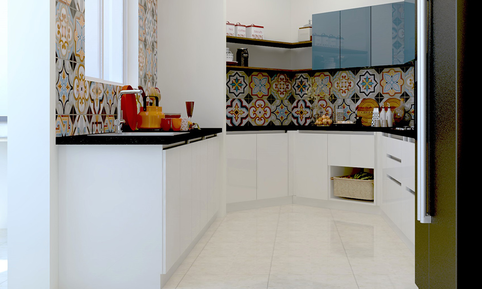 Blue-coloured corner kitchen cabinet & floating wooden shelves on the side, these cabinets are sturdy and stylish.