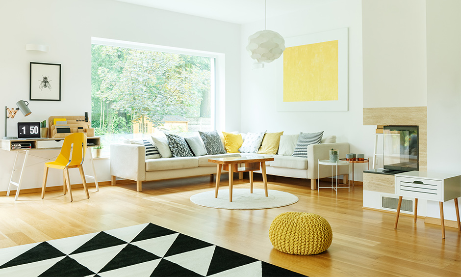 Combination of the white and yellow living room is made in heaven, white encompasses and splashes of yellow upbeat.