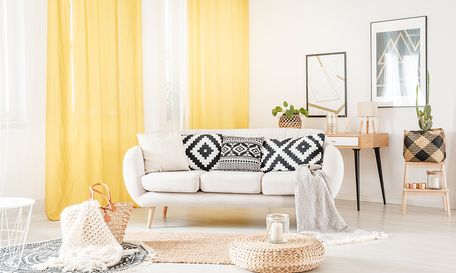 Yellow colour simple curtain design for living room look spacious, well-lit and airy