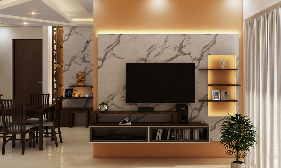 3bhk flat living room interior with three-tier foyer unit