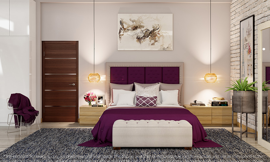 Modern master bedroom design with purple headboard with the best finishes and furnishings looks luxury.