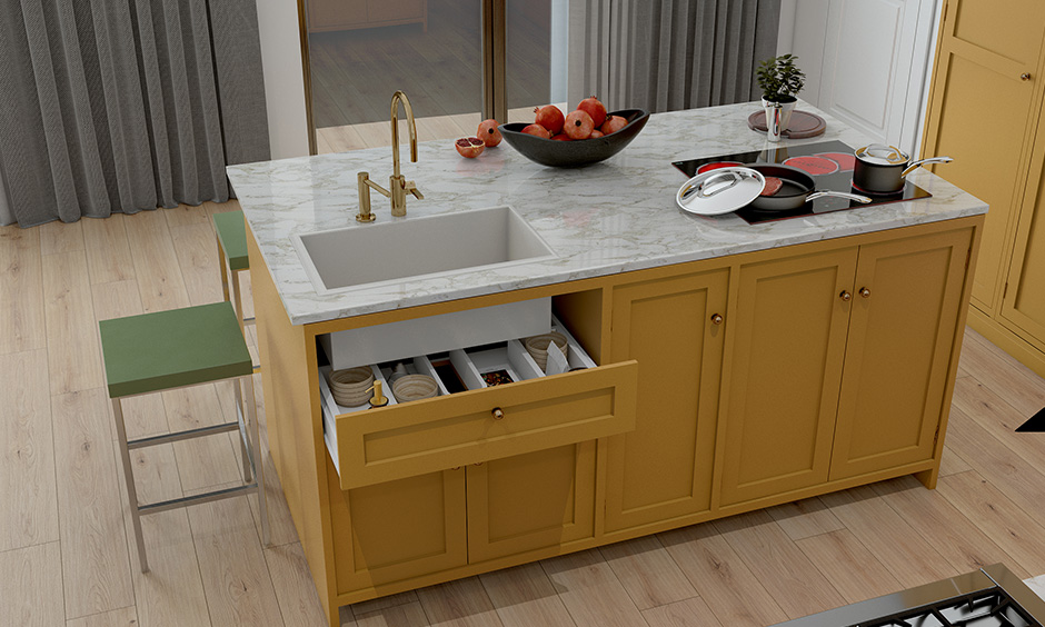 Design sink unit with storage options like wastebaskets and shelves are kitchen island guide on a budget.