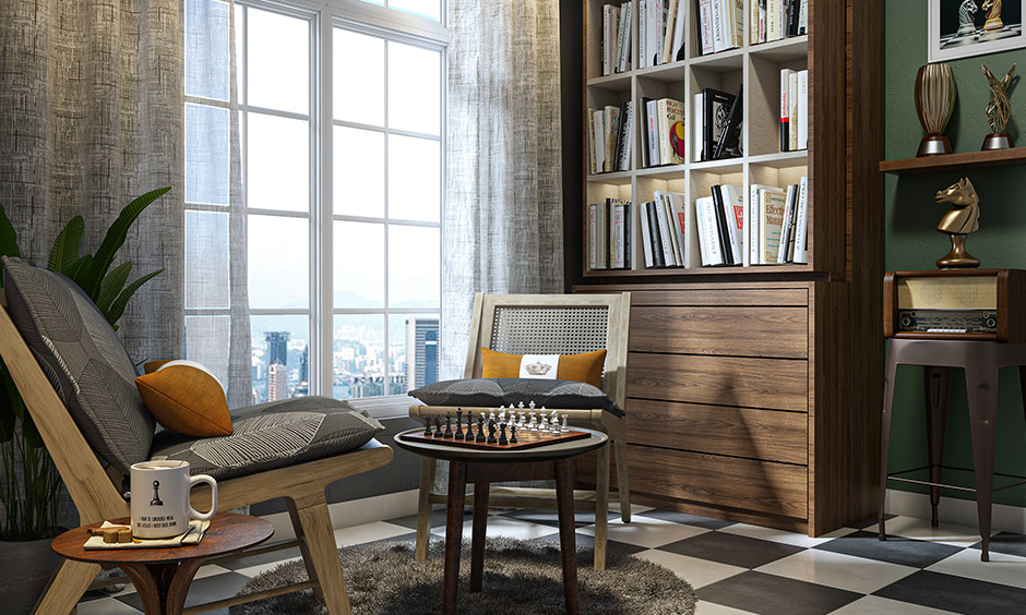 Boy room decoration for games with two chairs and a chess table is giving it a bygone vibe.