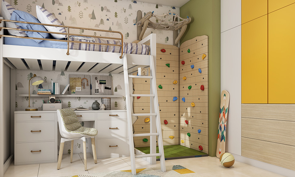 Kids game room decor with portable climbing wall & various pops of colours makes it visually appealing.