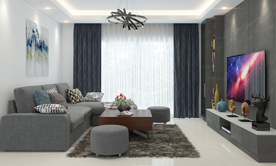 Home decor living room with wooden square shaped coffee table brings elegance to the area.