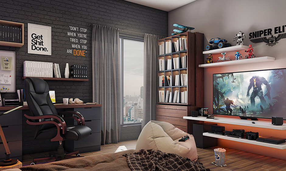 Dream room designer game set up in the bedroom with gaming consoles like Xbox or Playstation is a modern idea.