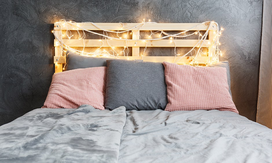 DIY led light arranged on bed headboard