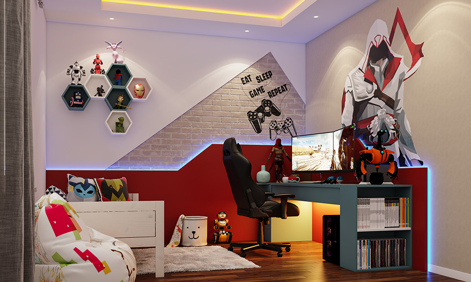 Video game room decor ideas a gaming chair, decals on the walls, hexagonal shelves and a desk perfect for a video gaming room.