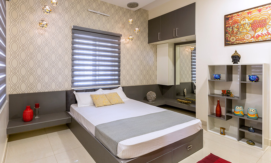 Guest bedroom combines a clean, elegant design with having lots of storage interiors for Rainbow Residency Sarjapur.