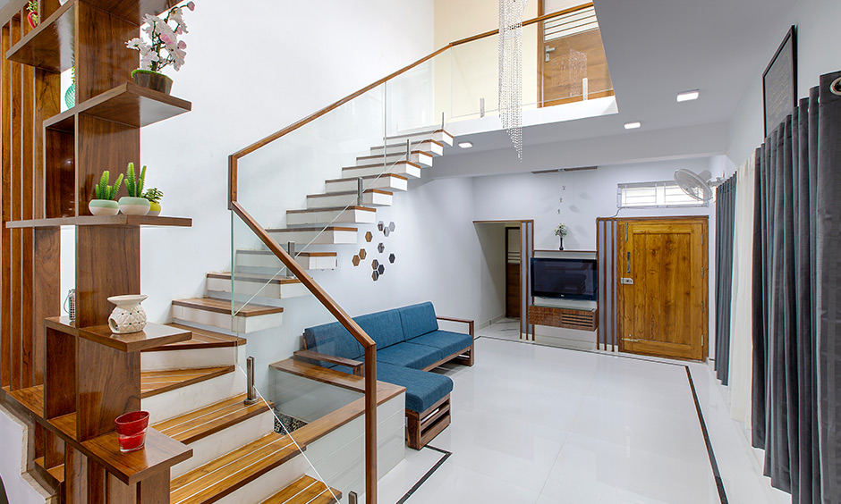 Independent house interior design with a bold kitchen with a blue and a frosty white combination