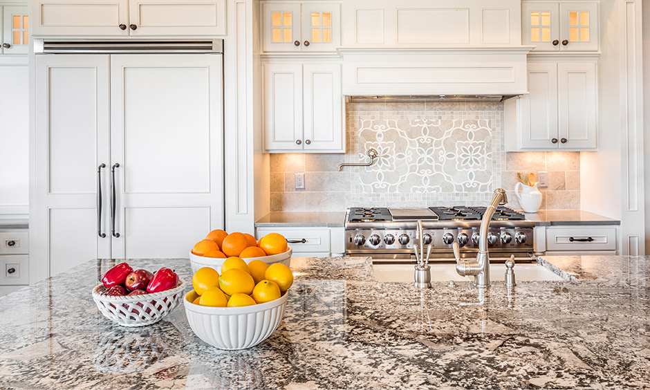 Veined Marble kitchen countertops with intricate patterns