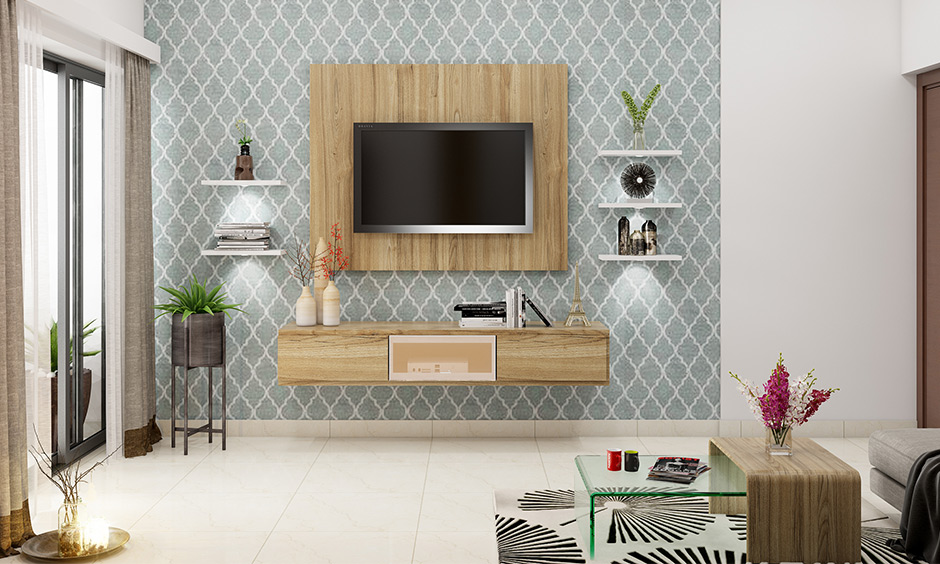 Pastel blue and white patterned wallpaper designs for living room lends a soothing vibe.