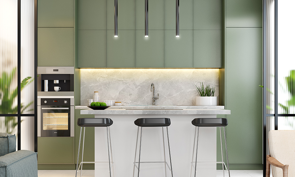 Smart luxury kitchen interior design in olive colour is small, modern and straightforward look beautiful yet rare