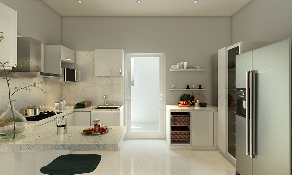Compact luxury modern white kitchen with frosted glass tall unit, elegant overhead and bottom cabinets make beautiful