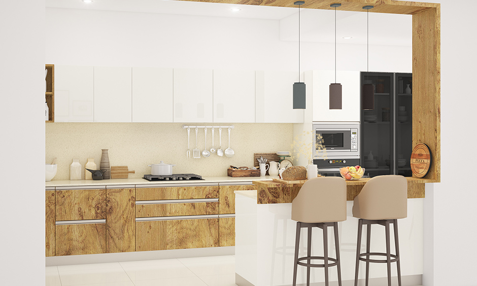 Luxury kitchen design mix and match of interior design styles designed with wood and glossy laminate glass. 