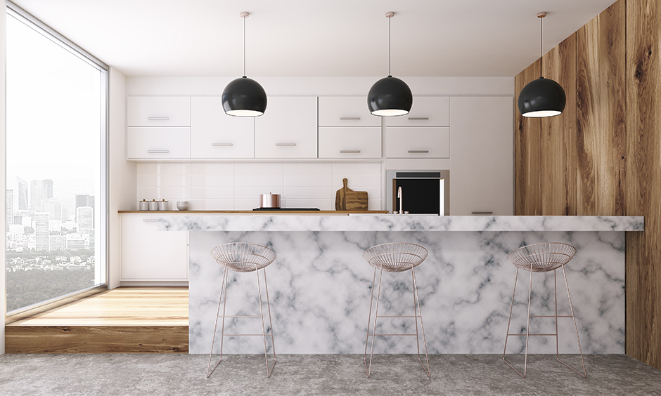 Neutral coloured marble countertop blends in with the interior design of the place