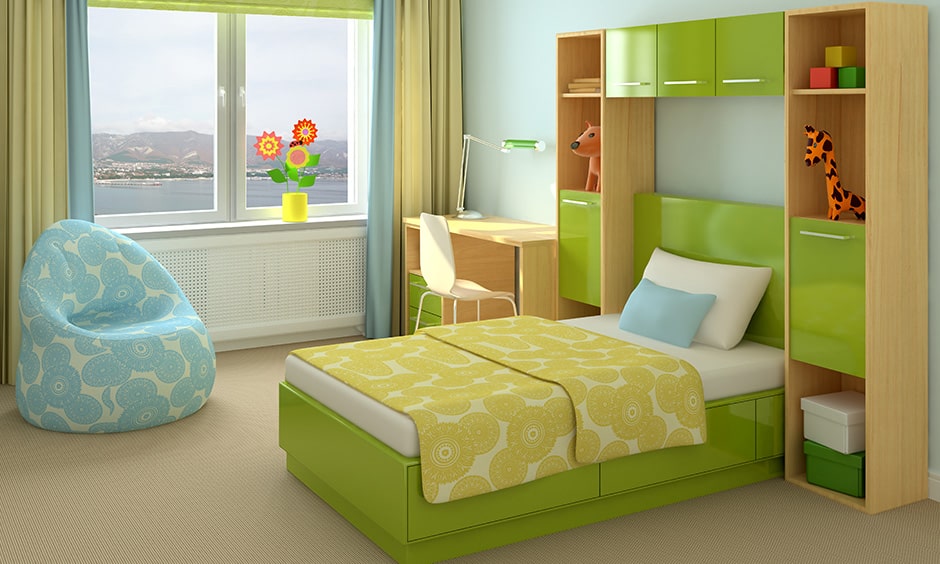 Maximize storage in small bedroom for kids with open shelves