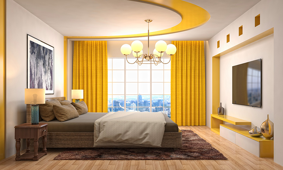 Yellow curtains and drapes with bright sunny yellow floor with vibrant punch to a bedroom with curtains and blinds