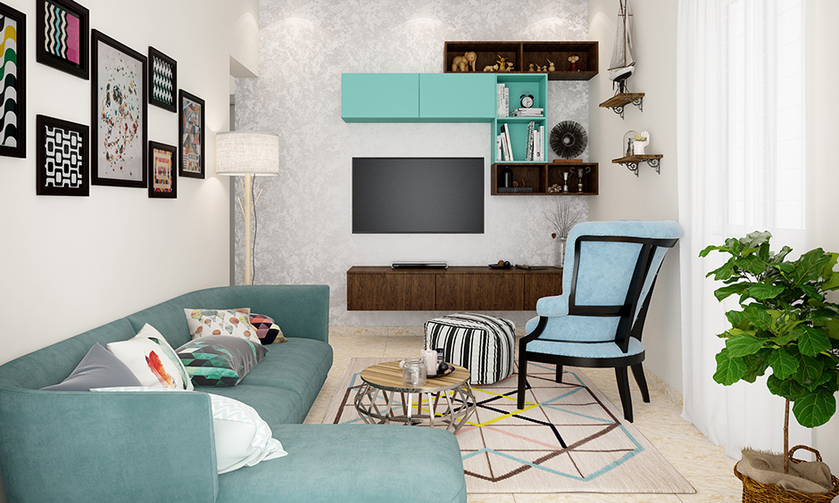 A patterned abstract teaches how to decorate a living room with little armchair in bubblegum blue